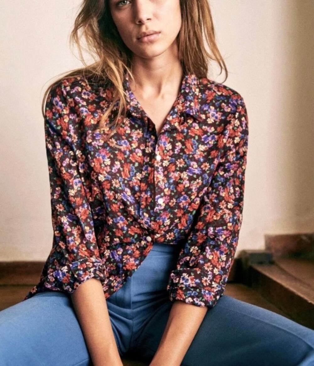 Sezane Pierro Long Sleeve Top, Purple Floral, Size 36
